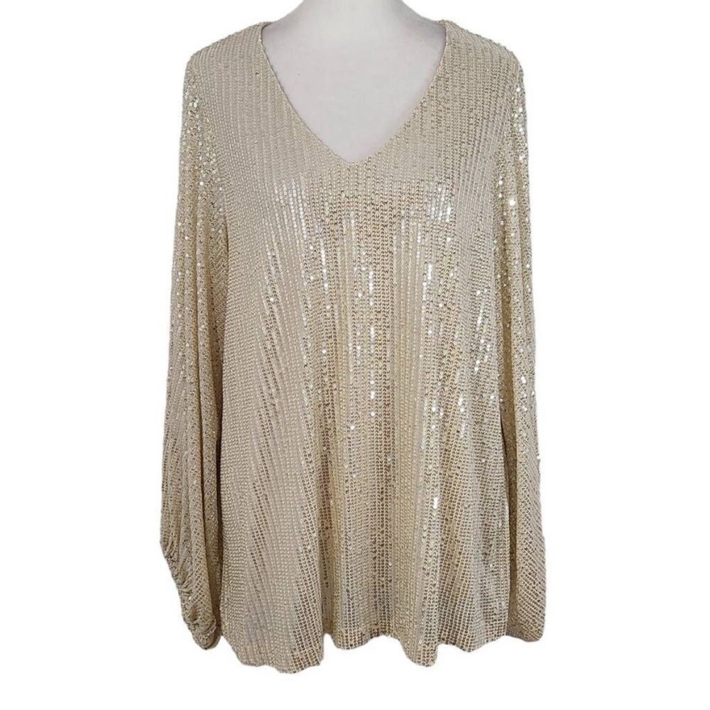 Pink Lily Champagne Sequin Dressy Blouse Size Large Cream and Silver Sparkly Top